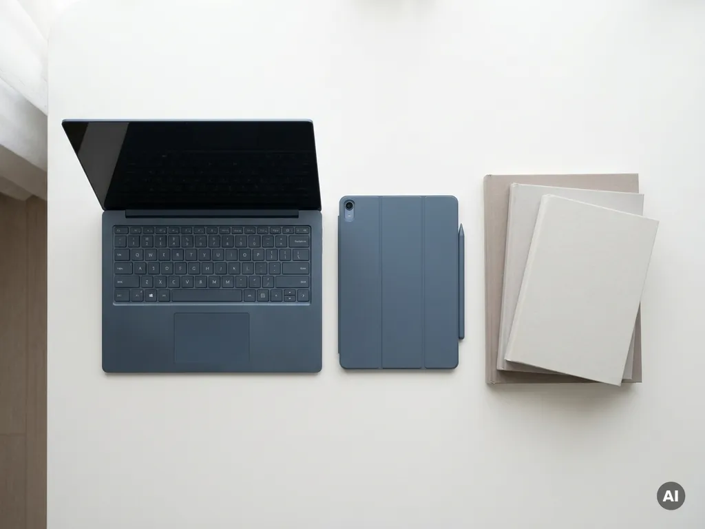 Laptop en tablet naast elkaar op wit bureau in moderne middelbare school, met stapel dunne studieboeken ernaast.